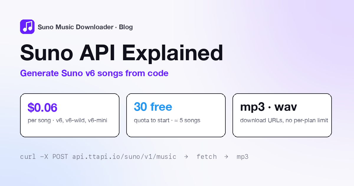 Suno API Explained: How to Generate Suno v6 Songs From Code (TTAPI Guide, Pricing and Free Quota)