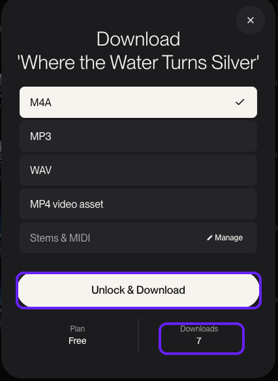 Suno's Download dialog listing M4A, MP3, WAV, MP4 video asset, and Stems and MIDI, with an Unlock and Download button and the account's remaining downloads shown below