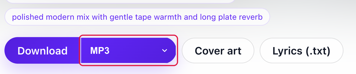 The Download button on Suno Music Downloader with the format menu next to it set to MP3; Cover art and Lyrics buttons follow