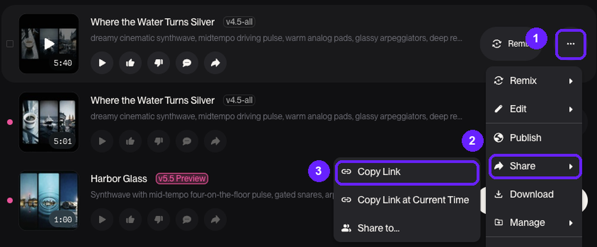 A Suno Library row with its more menu open and the Share submenu showing Copy Link