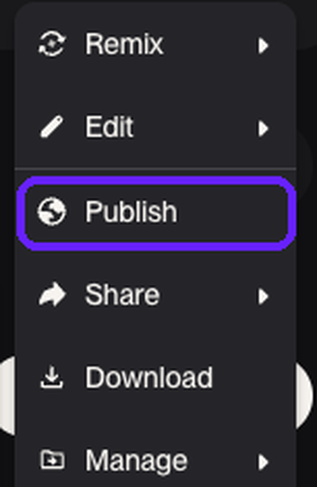 The Suno song menu with the Publish item highlighted
