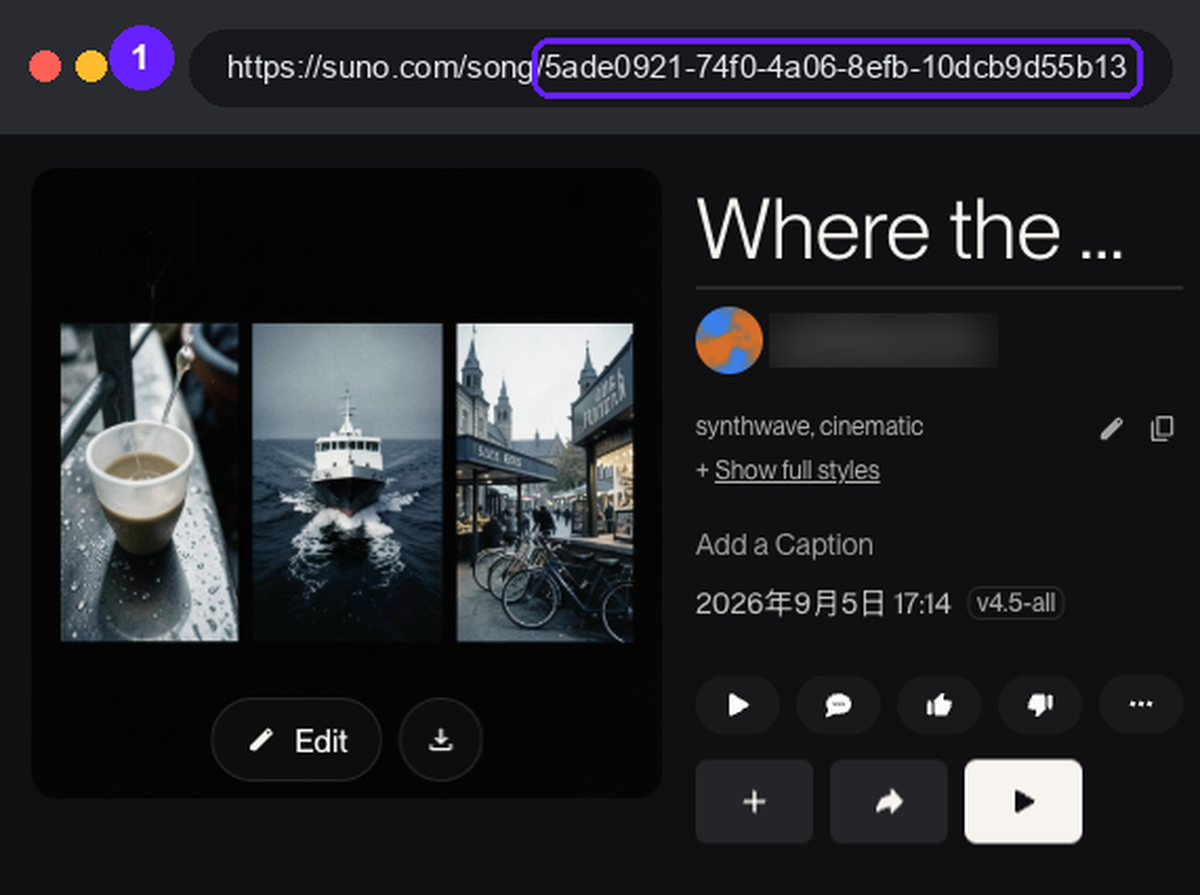 A Suno song page with the browser address bar showing https://suno.com/song/ followed by the song ID, which is highlighted