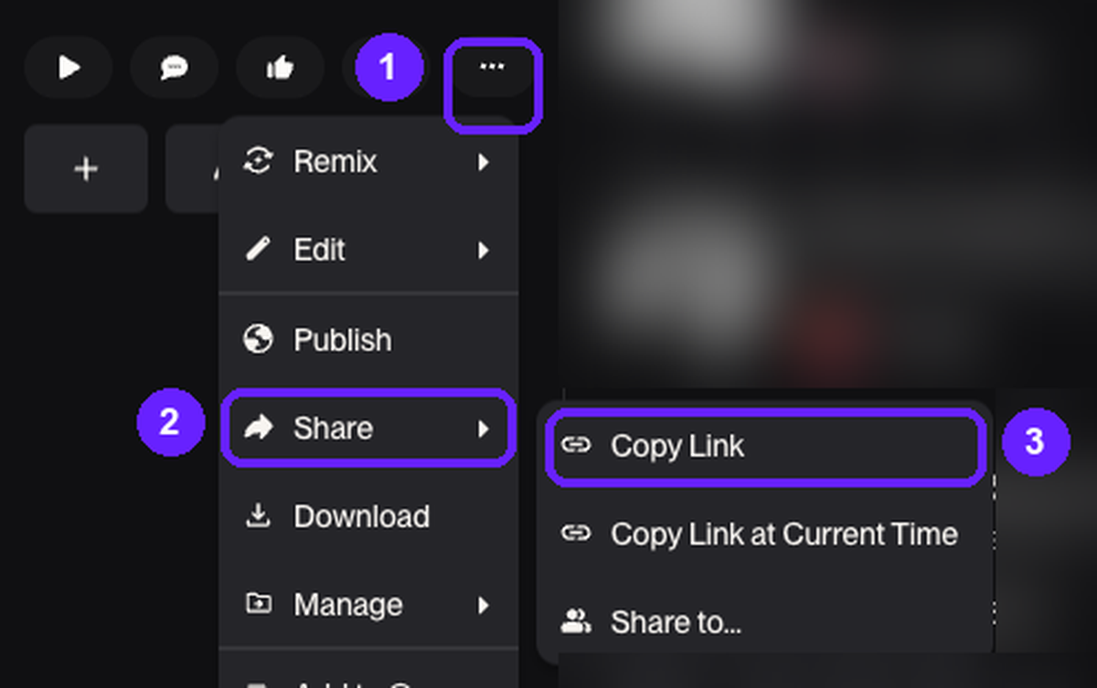 The more menu on a Suno song page open, with Share expanded to show Copy Link, Copy Link at Current Time, and Share to