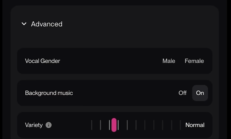 Suno Speech의 Advanced 섹션. Vocal Gender(Male, Female), Background music(Off, On 중 On 선택), Normal로 설정된 Variety 슬라이더의 세 줄