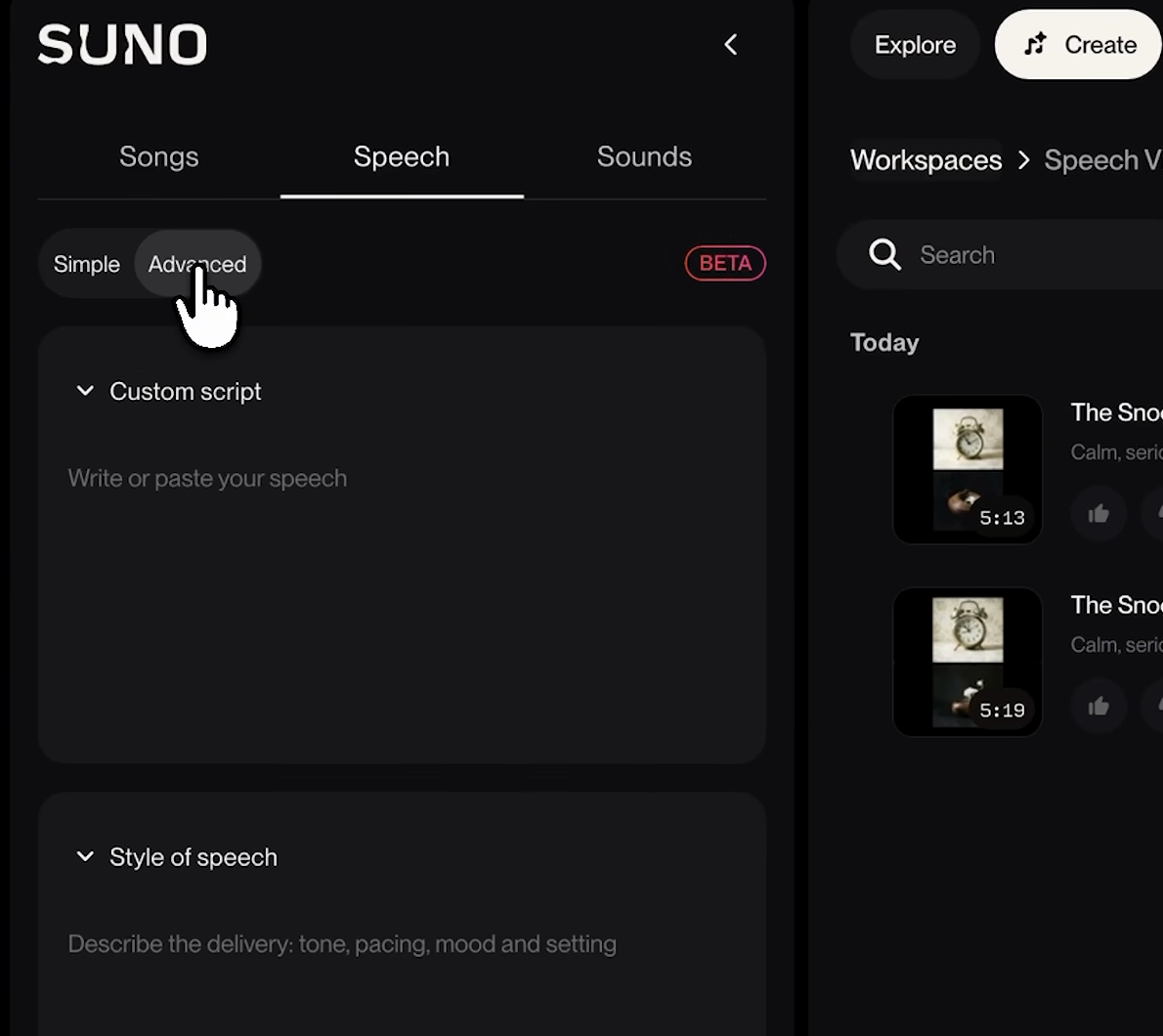 Advanced 모드의 Suno Speech. Custom script 칸에는 Write or paste your speech, Style of speech 칸에는 Describe the delivery: tone, pacing, mood and setting이라고 표시되어 있고, 오른쪽 라이브러리에 The Snooze Button의 Speech 테이크 두 개(5:13, 5:19)가 보인다
