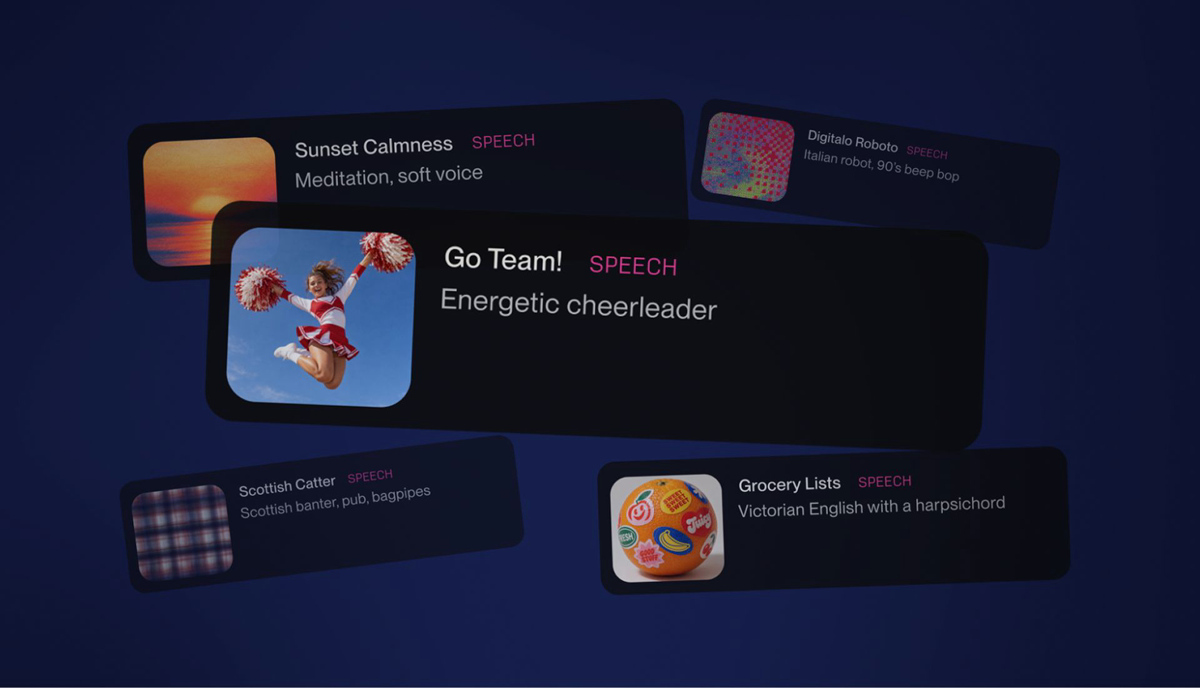 Suno Speech 출시 이미지. SPEECH 라벨이 붙은 카드로 Sunset Calmness(명상, 부드러운 목소리), Go Team!(활기찬 치어리더), Digitale Roboto(이탈리아 로봇, 90년대 비프 팝), Scottish Catter(스코틀랜드식 수다, 펍, 백파이프), Grocery Lists(하프시코드와 빅토리아 시대 영어)가 보인다