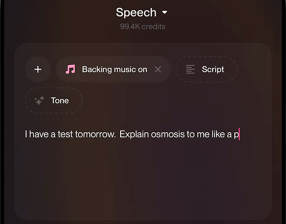 Suno 모바일 앱 상단에서 Speech가 선택되어 있고, Backing music on 칩과 Script, Tone 칩이 있으며 프롬프트에 I have a test tomorrow. Explain osmosis to me like a p가 입력되어 있다